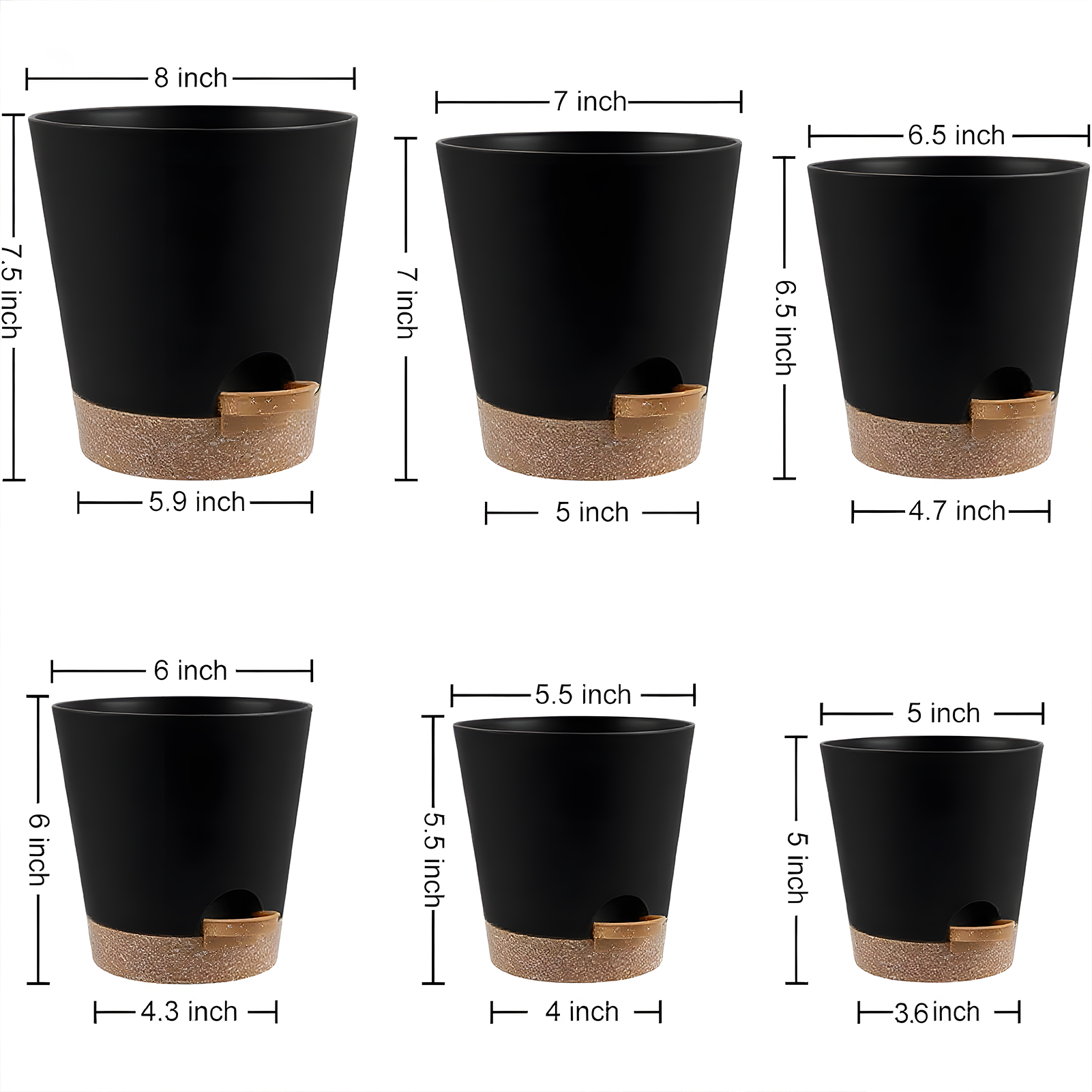 West Bay 6-Pack Self-Watering Plant Pots with Drainage, Black photo 7