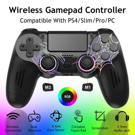 Wireless Game Controller for P4/Slim/Pro/PC, Bluetooth Gamepad Joystick with RGB Light/Dual Vibration/6-Axis Gyro/3.5mm Sterro Jack