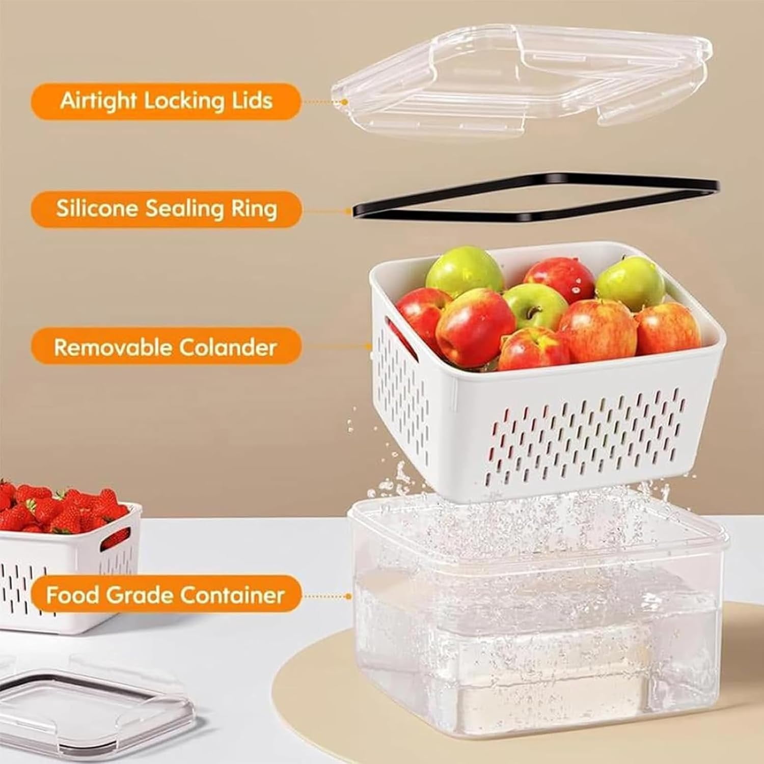 4 In 1 Food Storage Container, Premium Transparent Plastic Food Storage Box With Drain Basket – Multifunctional Airtight Container For Vegetables & Kitchen Organization