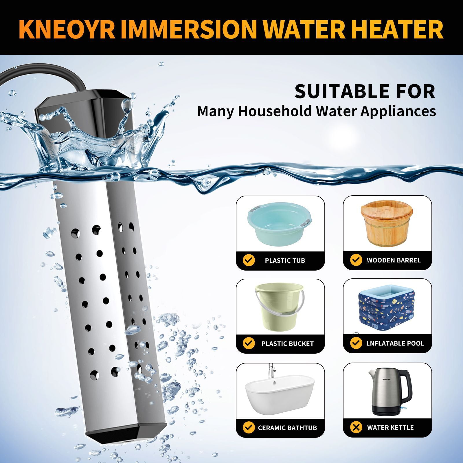 Immersion Water Heater, 2000W Pool Heater with 304 SS Guard, Bathtub, Quickly Heats 5 Gallons of Water, Small Portable,Rapid Heating in Minutes Black