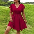 thumbnail image 3 of AURA Plus Size Womens Wine Red V Neck Ruffle Sleeve Midi Dress A Line Cape Fit Elegant Bridesmaid Spring, 3 of 6
