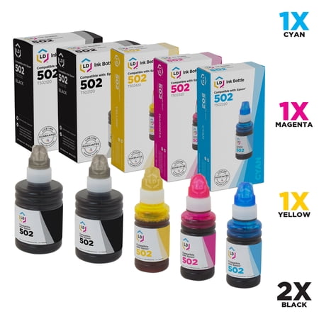LD Compatible Replacement for Epson 502 Bottles: 2 T502120-S Black  1 T502220-S Cyan  1 T502320-S Magenta  1 T502420-S Yellow for ET-2700  ET-2750  ET-3700  ET-3750  ET-4750  ST-2000  ST-3000