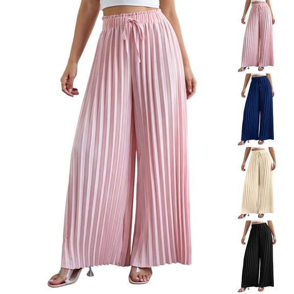 Favoffer Women's Pleated Wide Leg Pants Solid Color Elastic Drawstring Waist Loose Flowy Casual Trousers Relaxed Breathable Daily Bottom for Vacation Outdoor