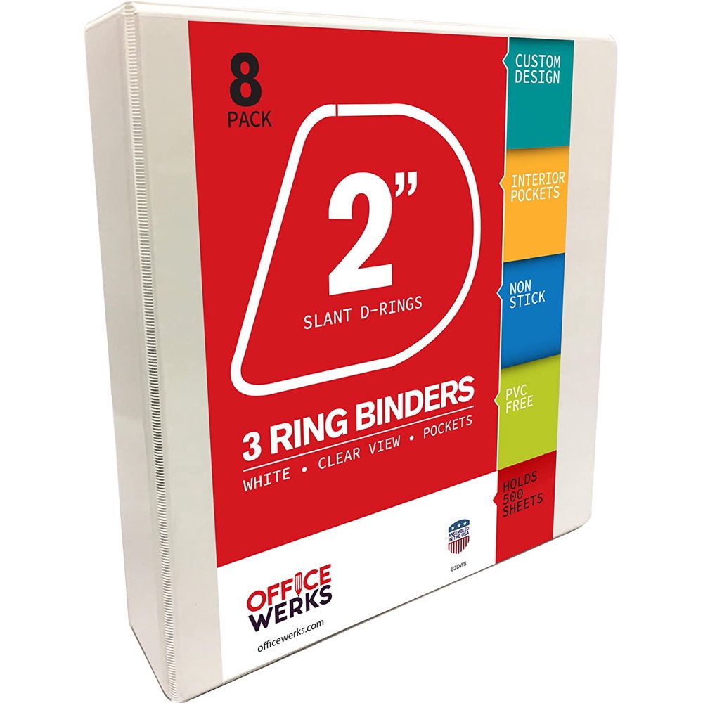 3 Ring Binders, 2 Inch SlantD Rings, White, 8 Pack, Clear View