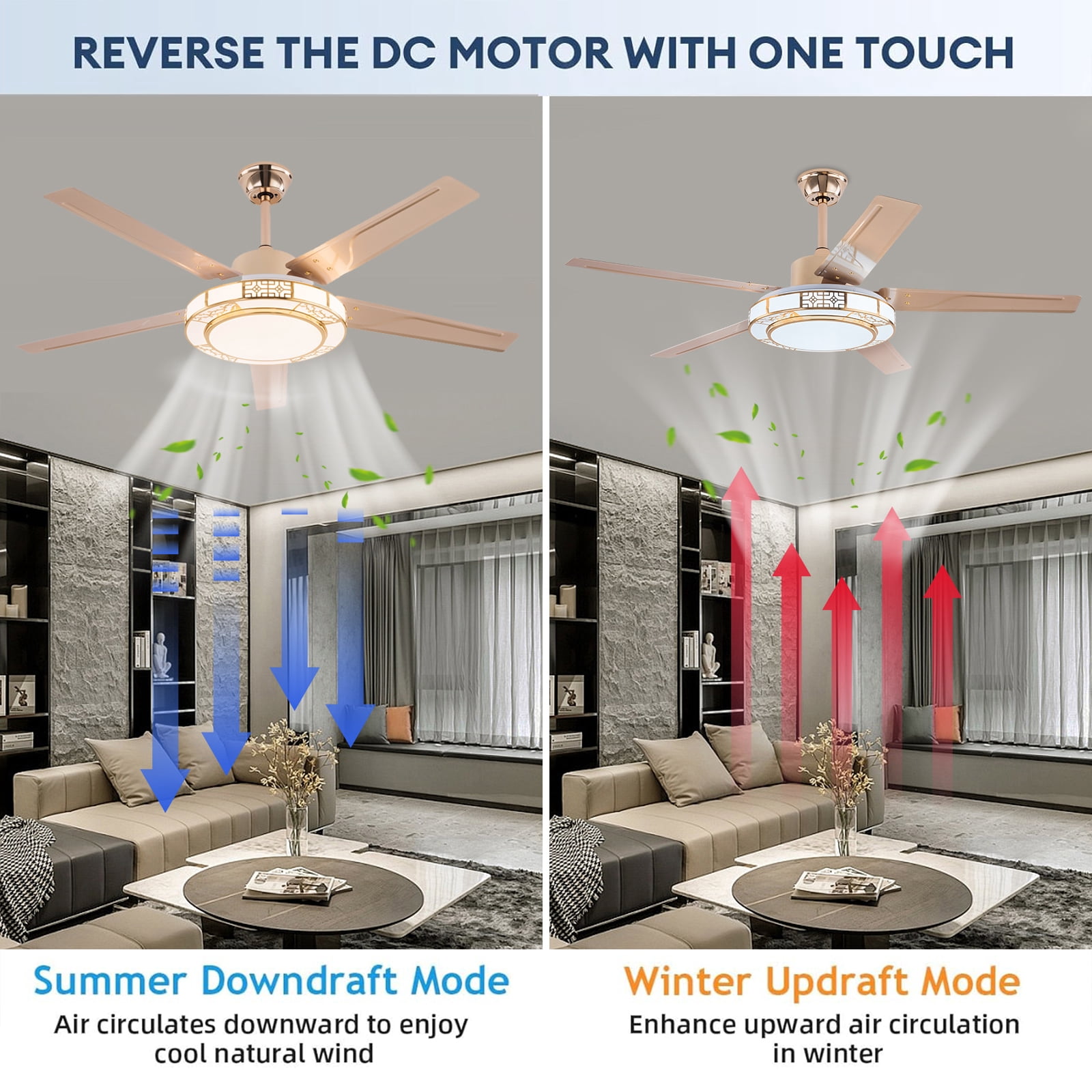 Wildnix Ceiling Fan Light with Remote Control, Modern S-Shape Design, 40W LED, Adjustable Light Colors and Fan Speeds, Energy-Saving, Silent Operation, Copper and Acrylic Finish
