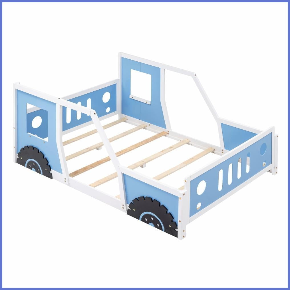 Full Size Pine Wood & MDF Classic Car-Shaped Platform Bed with Wheels, Blue for Bedroom