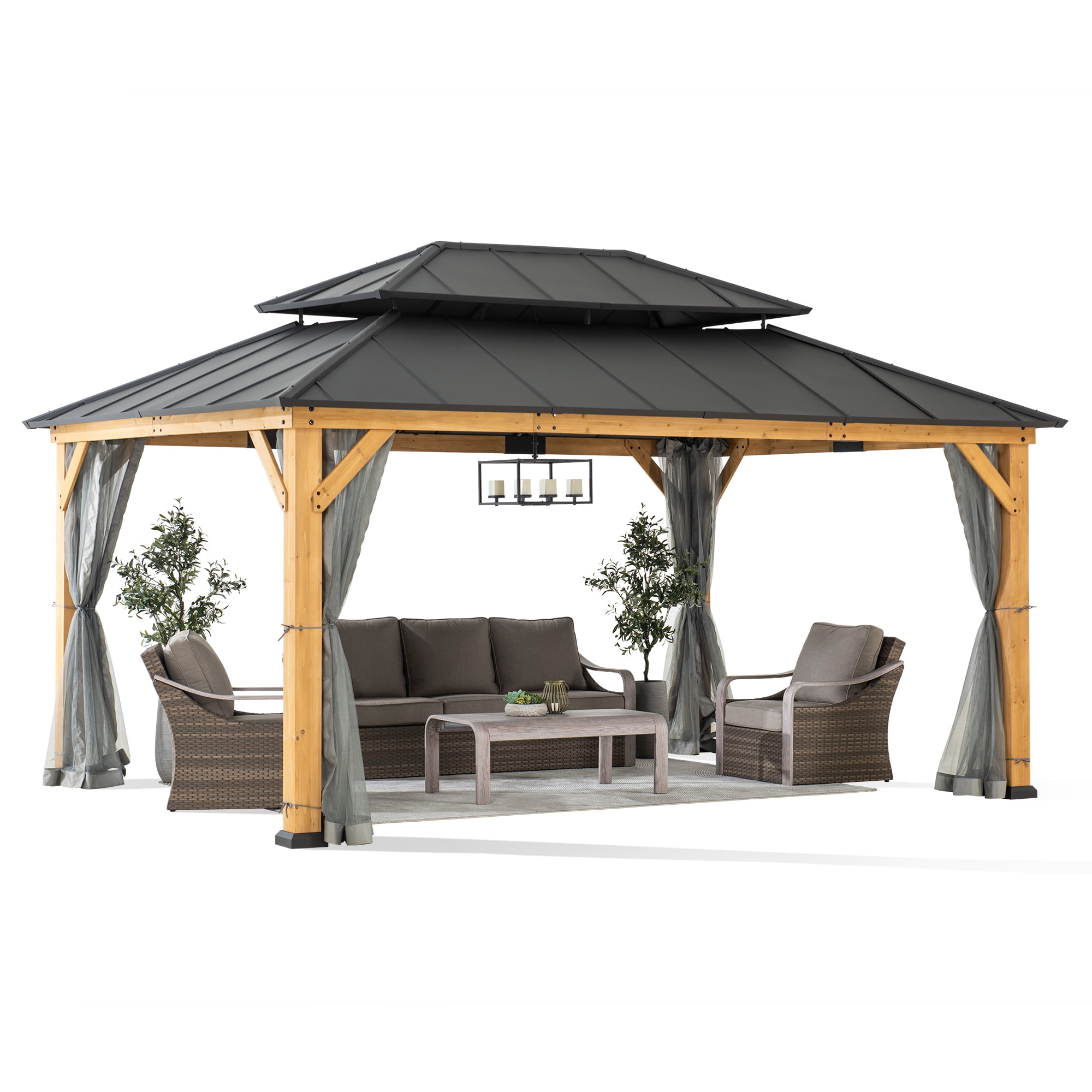 Sunjoy 12x16 ft. Wood Gazebo, Outdoor Patio Steel Hardtop Gazebo, Cedar Framed Wooden Gazebo with 2-tier Metal Roof, Suitable for Patios, Lawn, and Backyard, Dark Brown