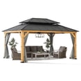 thumbnail image 3 of Sunjoy 12x16 ft. Wood Gazebo, Outdoor Patio Steel Hardtop Gazebo, Cedar Framed Wooden Gazebo with 2-tier Metal Roof, Suitable for Patios, Lawn, and Backyard, Dark Brown, 3 of 13