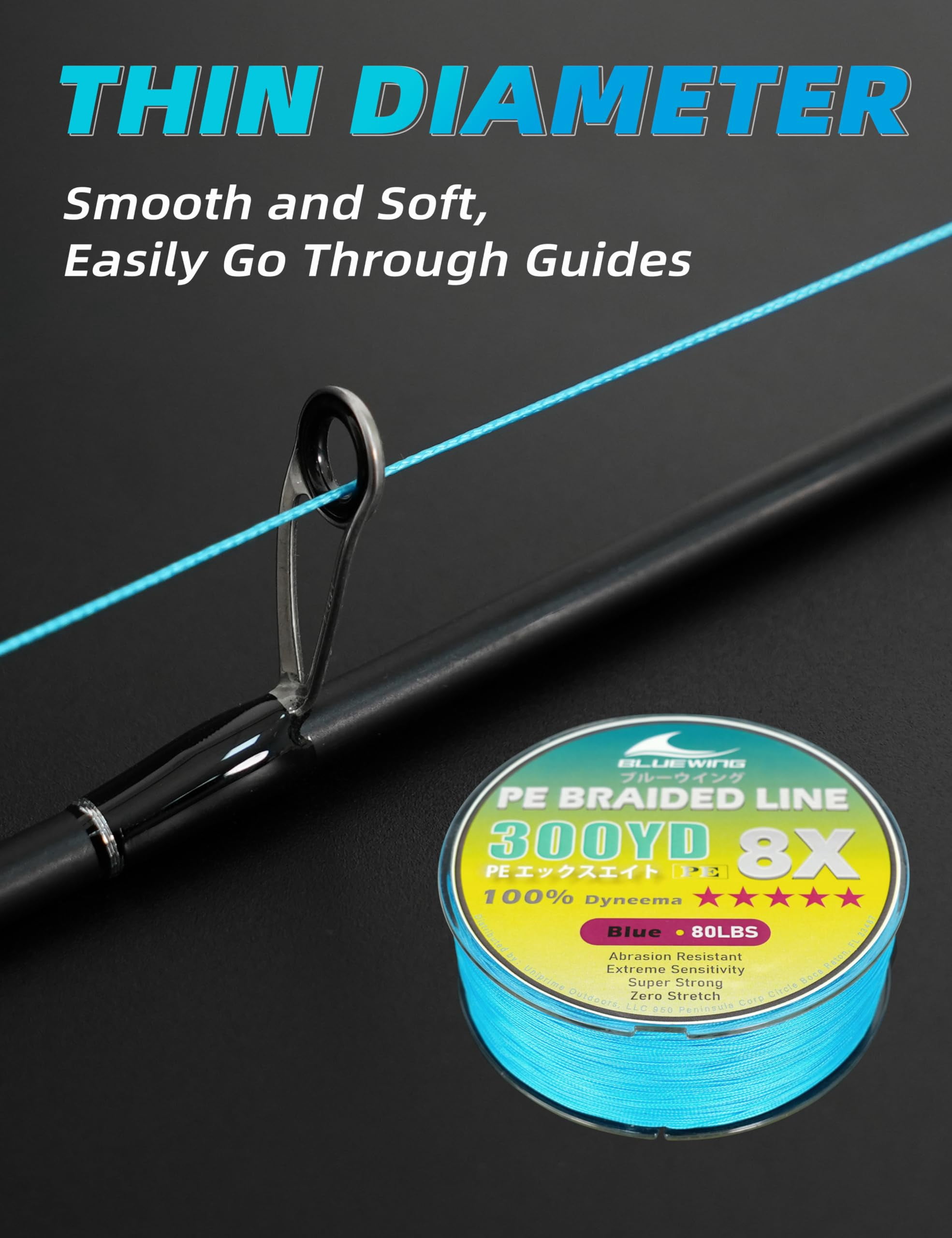 BLUEWING Braided Fishing Line 8 Strands PE Braid Fishing Lines Thin Diameter & Abrasion Resistant Fishing String for Saltwater Fishing 120LBS 300YD Blue