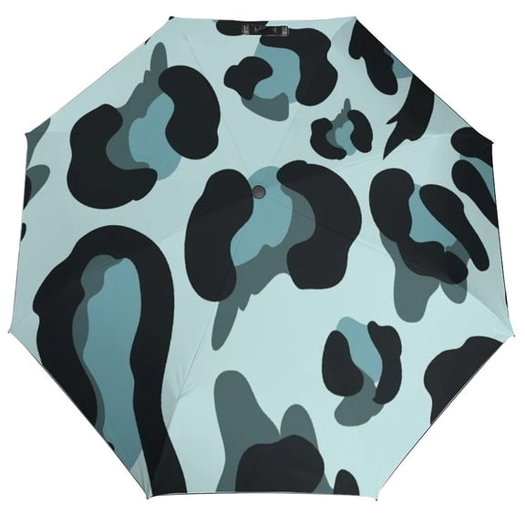 Blue Leopard Print Umbrella for Rain - Portable, Double Layer Automatic Folding Umbrella UV Protection for Rain Car Travel Outdoor Men Women