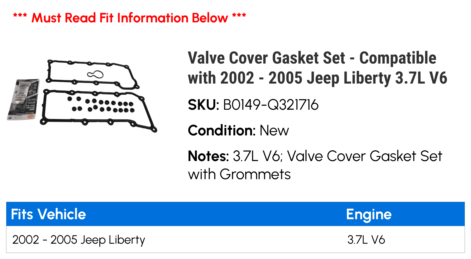 Valve Cover Gasket Set - Compatible with 2002 - 2005 Jeep Liberty 3.7L V6 - Replacement