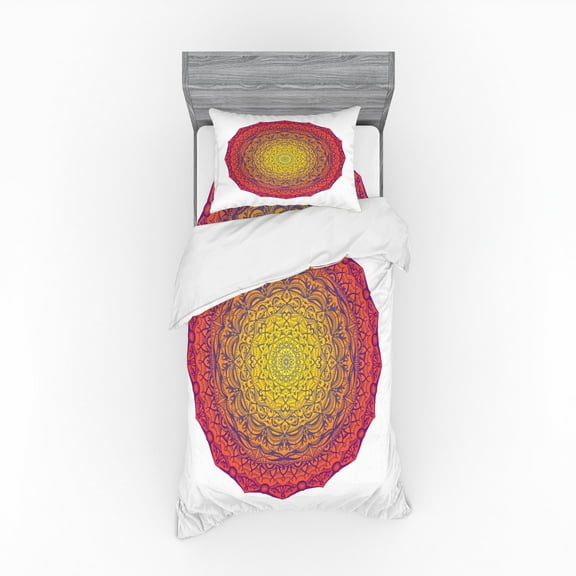 Mandala Duvet Cover Set, Alchemy Eastern Cosmos and Medallion Doodle Abstract Folk, Bedding Set with Shams and Fitted Sheet, 3 Sizes, by Ambesonne