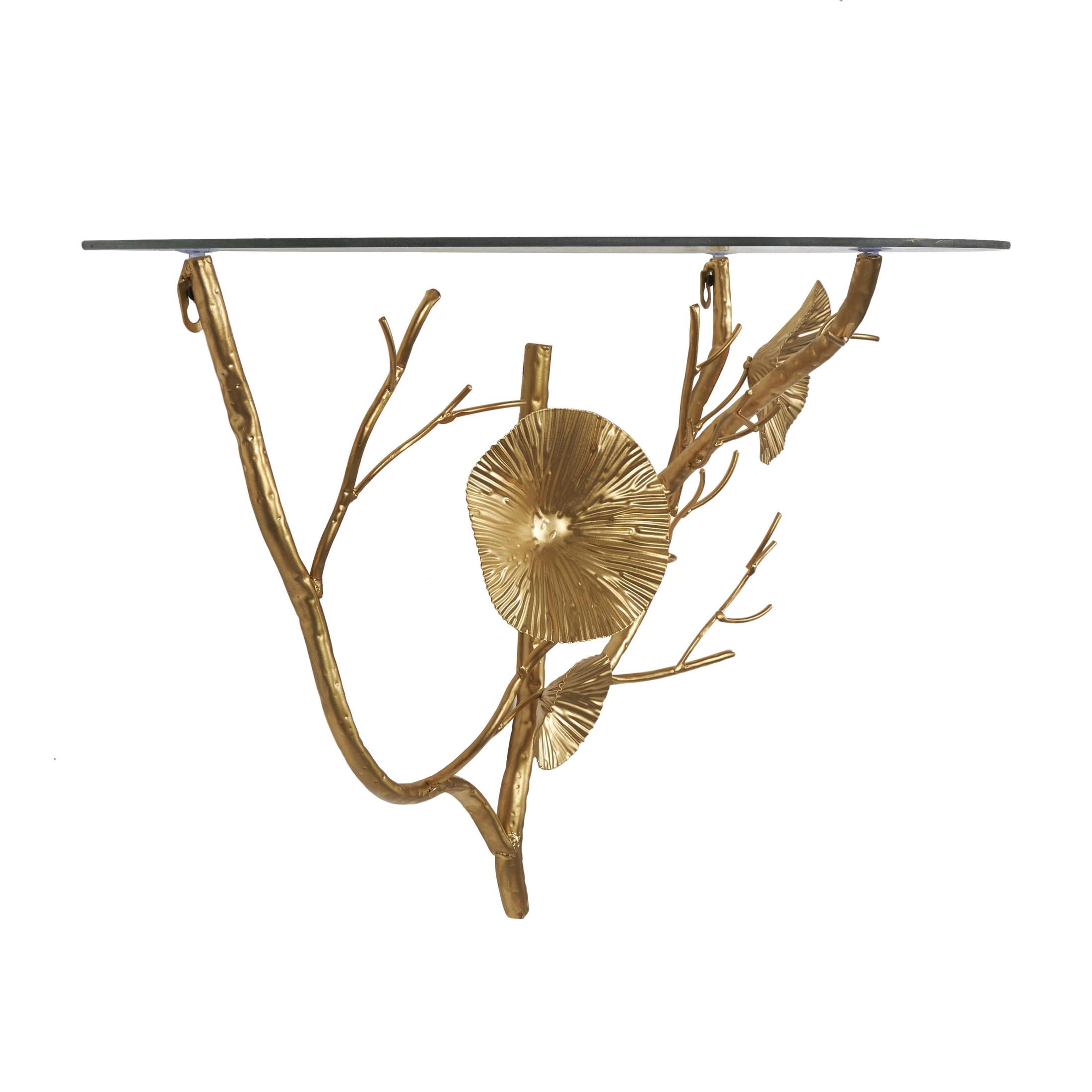 DecMode 24" x 12" Branch 1-Tier Gold Floral Wall Shelf with Tempered Glass Top