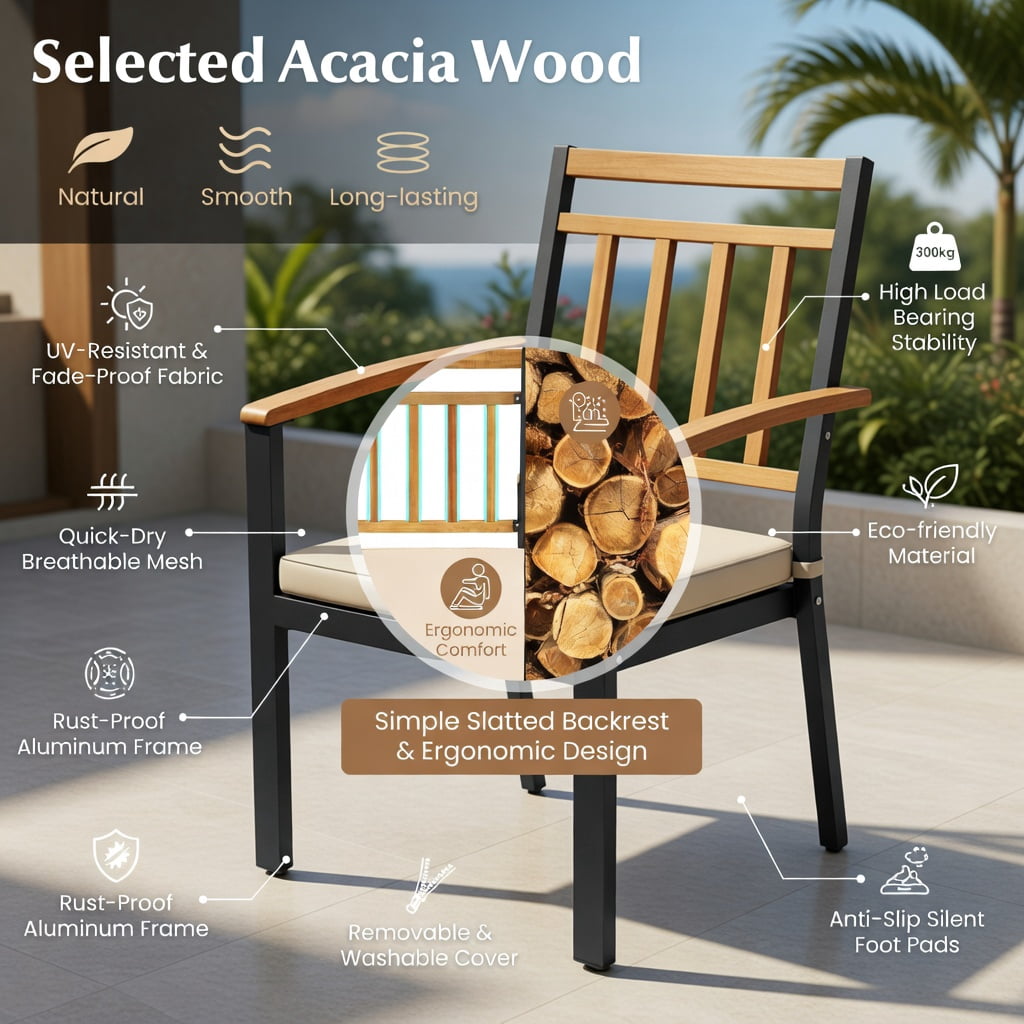 Hommoo 2-Pack Modern Patio Dining Chairs with Removable Cushions, Acacia Wood Outdoor Chairs, Ergonomic Design, Easy-Clean Fabric Seats, Black & Natural