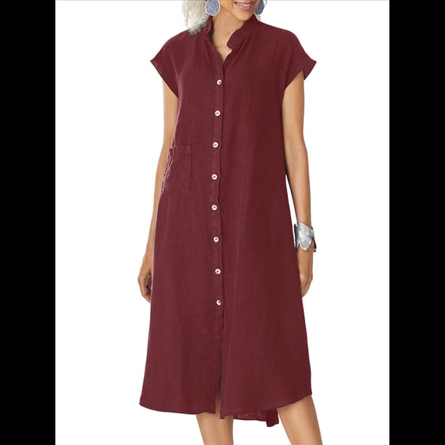 Vestido Camisero Midi de Relajado Vino Tinto L