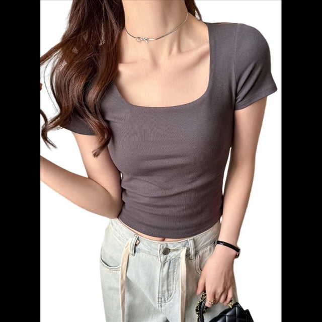 Camiseta Interior de Cuello Cuadrado para Mujer (2025), Corta y Hombros Rectos, Ajustada. Gris Oscuro M