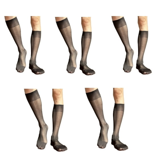 5 Pairs Men's Elegant Business Dress Striped Knee High Socks Comfortable Silky Thin Nylon Long Stockings for Formal Wear