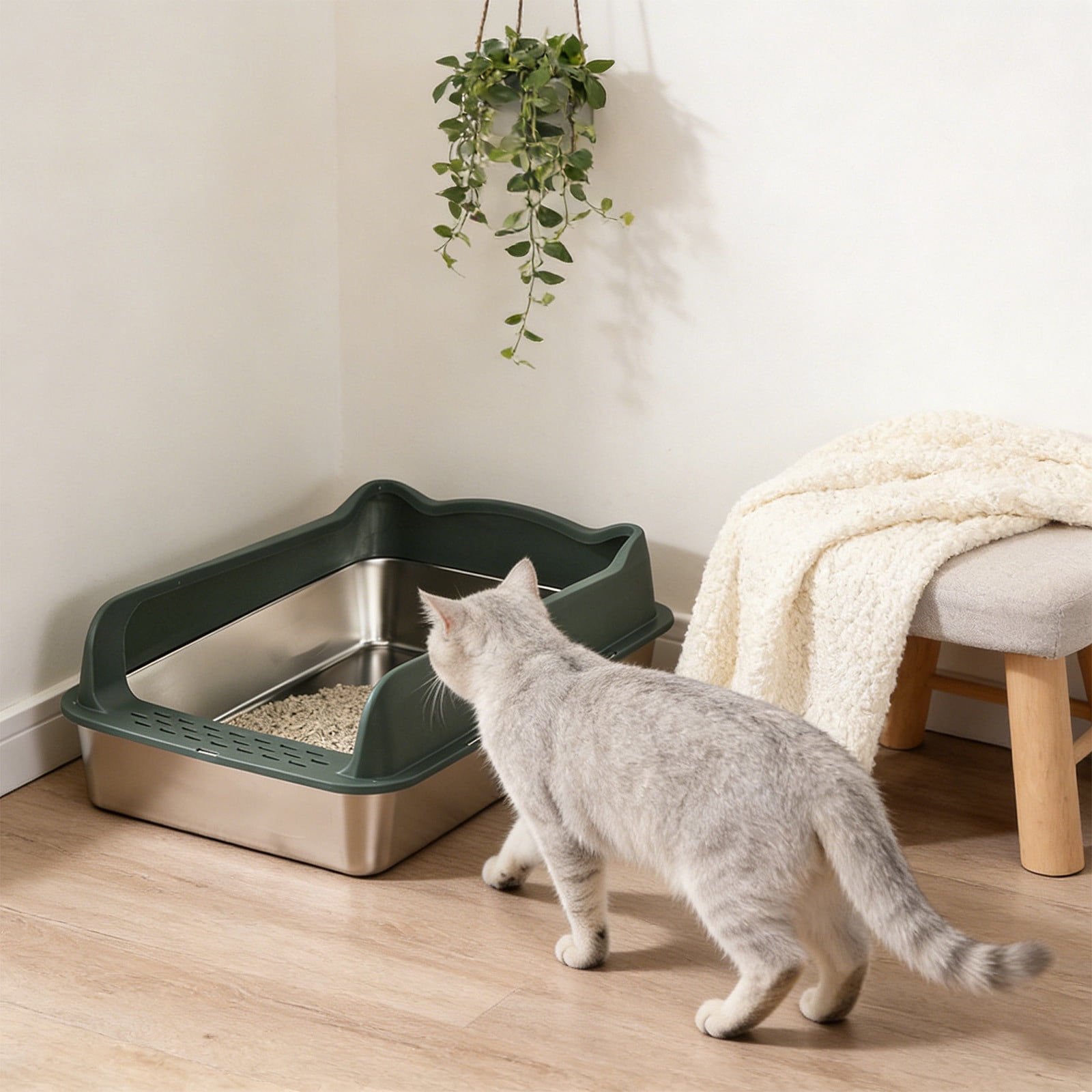Stainless Steel Litter Box with High Sides, Open Top Extra Large Metal Cat Litter Box, Non-Stick, Odor Free, Leakproof, Scoop Included, 16" x 12" (Green)