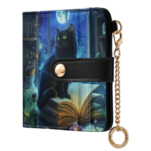 Qxltty Black Cat Green Pupil Ladies Wallet Rfid Slim Thin Compact Credit Card Women Wallet Zipper Coin Pocket and ID Window for Female Gifts