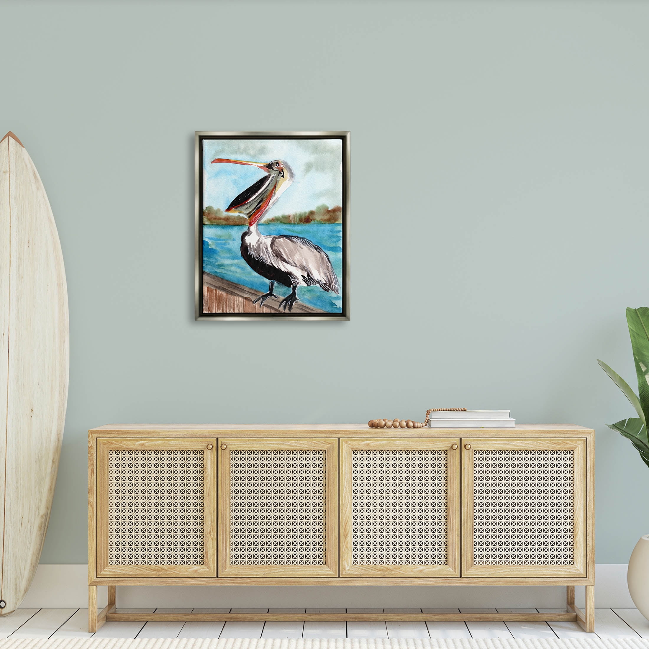 Nautical Pelican Bird Beak Animals & Insects Painting Luster Gray Framed Art Print Wall Art