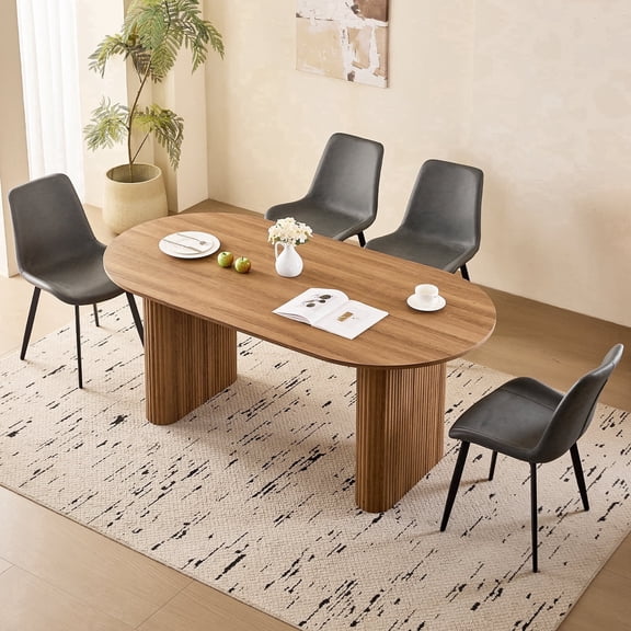 70.9" Large Dining Table Set for 4, [Rounded Edges] [Fully Assembled Table Base] Modern Wood Kitchen Dinner Table with 4 Synthetic Leather Chairs(Brown Table with 4 Grey Chairs)