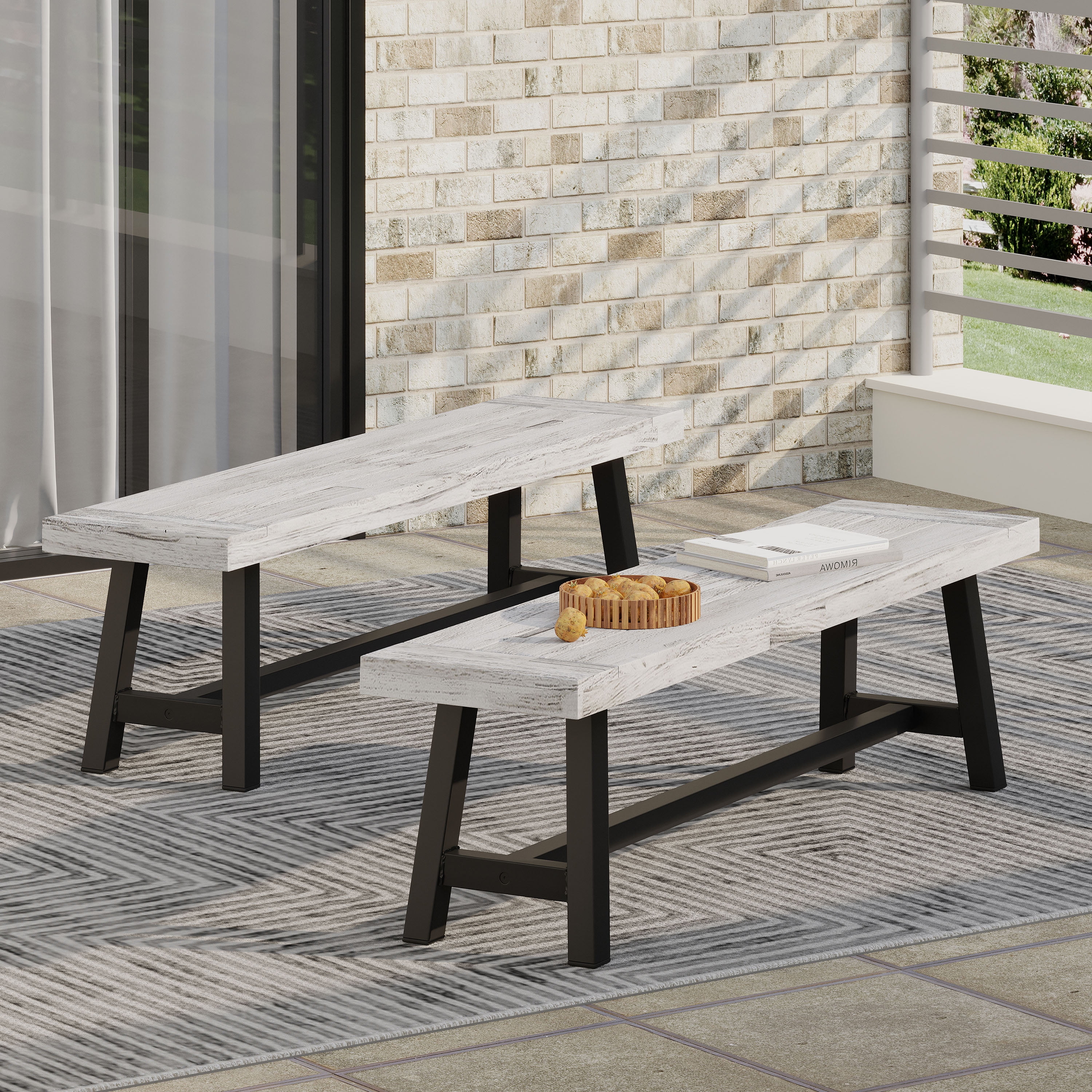 Outdoor Solid Wood Leisure Bench Set of 2, Sandblast Finished Acacia Wood Rest Seats for Patio Garden, Sandblasted Light Gray and Black