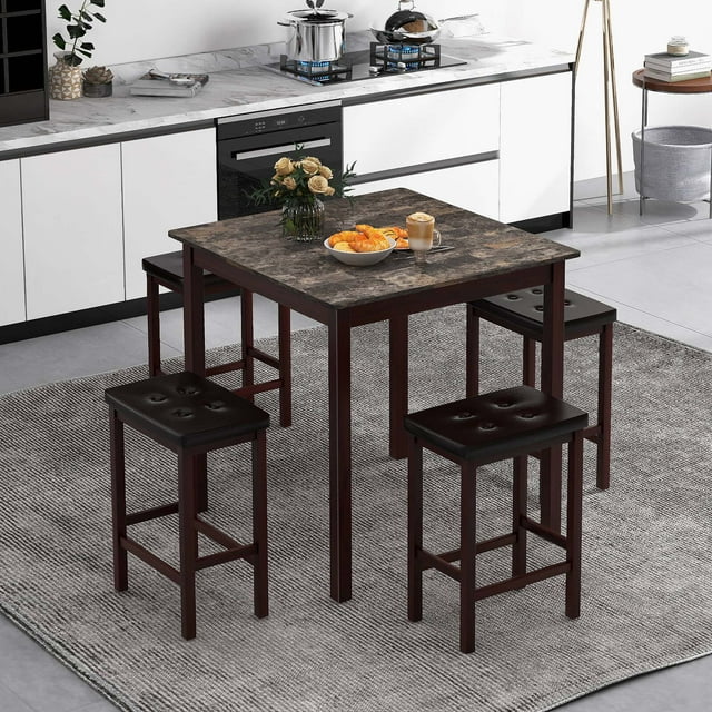 Costway 5 PCS Bar Table Set Square Dining Table & 4 PVC Leather Upholstered Bar Stools Brown