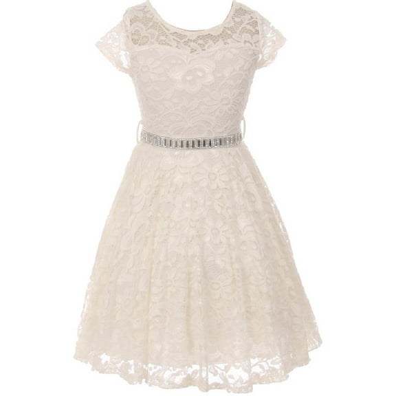 Little Girl Cap Sleeve Lace Skater Stone Belt Flower Girls Dresses (19JK88S) Off White 2