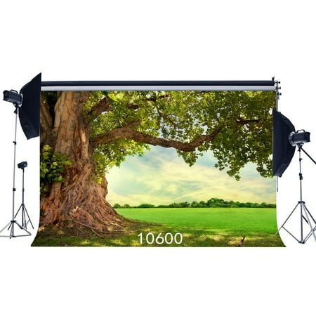 Image of ABPHOTO Polyester 7x5ft Photography Backdrops Fairy Tale Rural Nature Old Tree Green Grass Field Scene Seamless Newborn Baby Toddlers Portraits Background Photo Studio Props