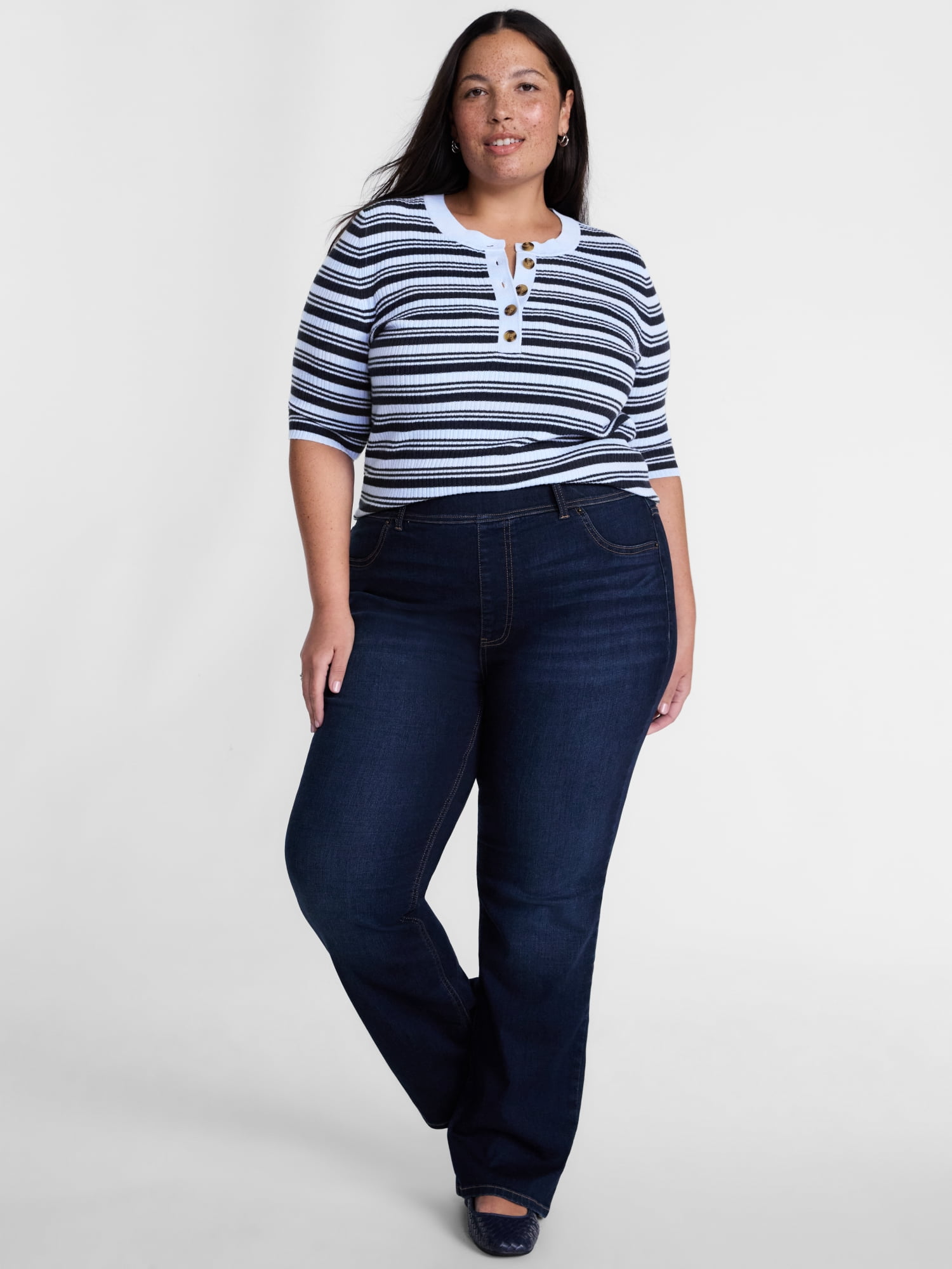 Terra & Sky Women's Plus Ribbed Henley Sweater Top with Elbow Length Sleeves, Sizes 0X-5X