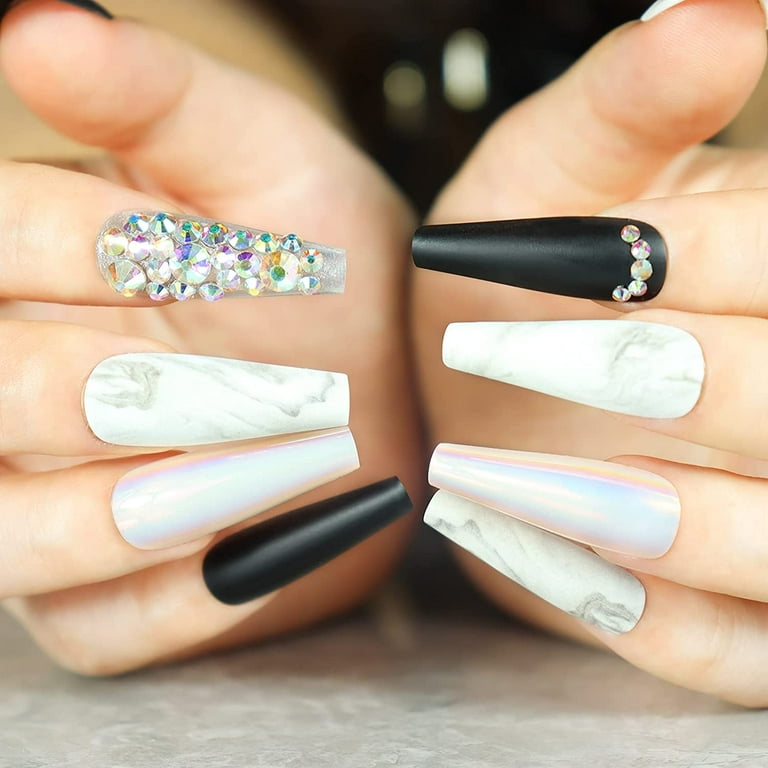 Extra Long Coffin Press on Nails Matte Ombre Rhinestone Fake Nails