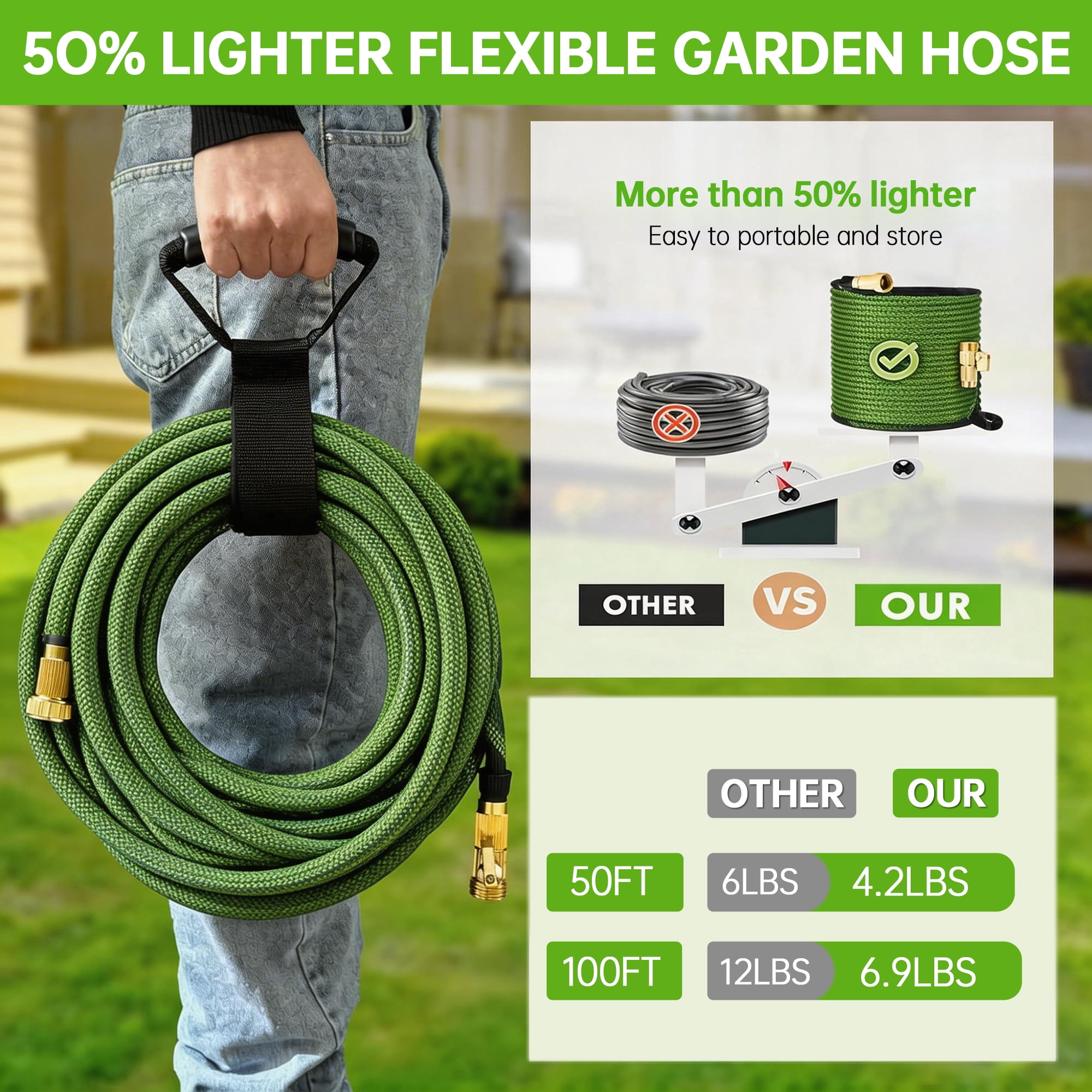 50FT Flexible Garden Hose Fixed Length, Anti-Kink Freeze UV Resistant Water Hose Non Expandable, 3/4 Inch Brass Fittings, 10 Spray Nozzle Storage Rope for Lawn Car Wash All Season Outdoor Daily Use