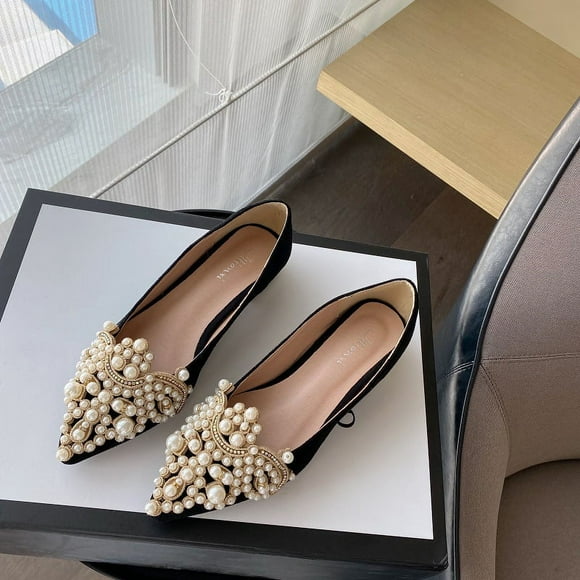 New Crown Pearl Flats Women Wedding Shoes Pointed Toe Female Dress Moccasins Low Pearl Heel Ladies Fashion Luxury Style 43