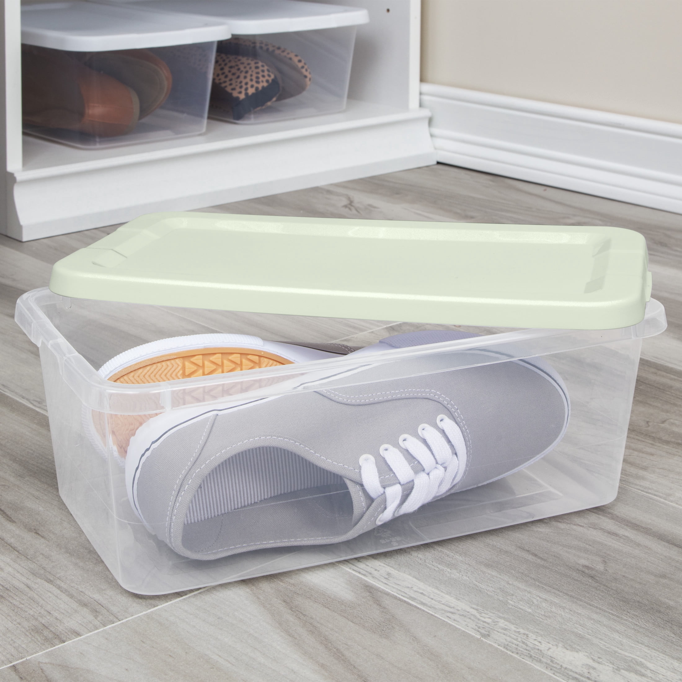 Sterilite Set of (10) 6 Quart Storage Boxes, Clear Plastic Storage Bin with Snap-on Lid, Light Green