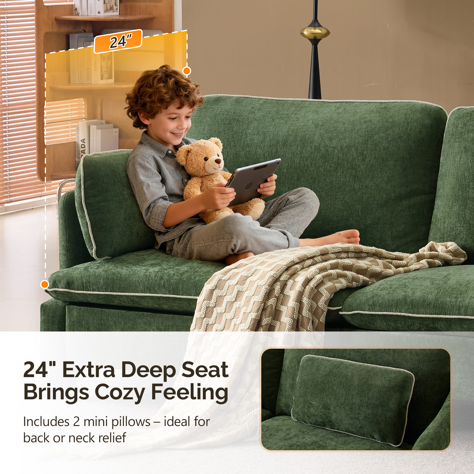 Ktaxon 84" Sofa, Linen Fabric Deep Seat Couch with Lumbar Pillows, Oversized Loveseat for Small Spaces, Living Room Green