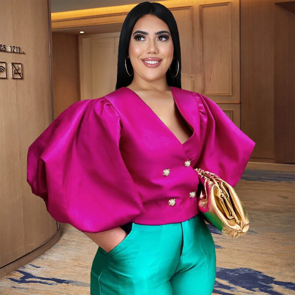 Plus Size Sexy V Neck Women Tops Blouse Long Lantern Sleeves Double  ButtonsShiny Glitter Party Classy Shirts for Ladies 2023 - Walmart.com