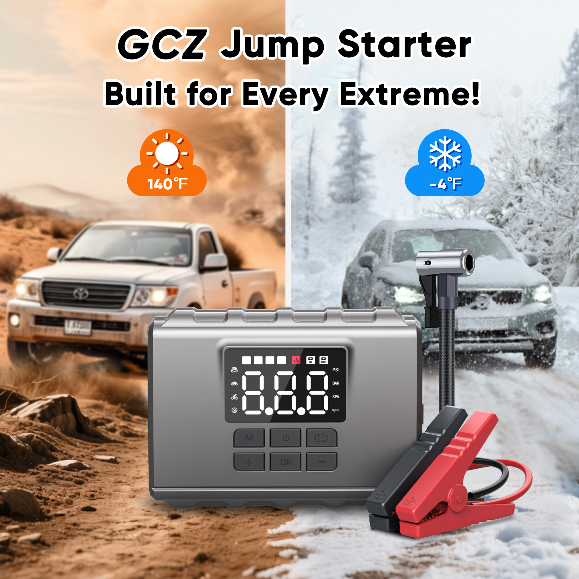 GCZ 3000A Peak Portable Jump Starter with Air Compressor 150PSI, Battery Booster for All Gas & 6.5L Diesel Engine, 20000mAh Power pack with Dual Cylinder & LED Display & Flashlight