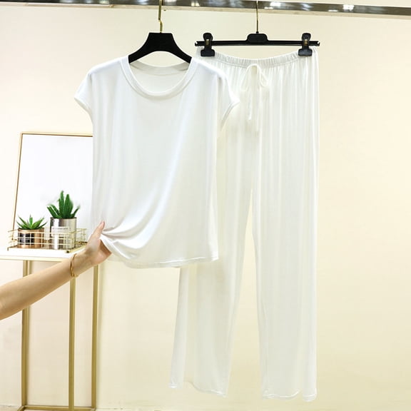 uublik Comfy Pajamas for Women Set 2 Piece Lounge Set Casual Short Sleeve Tops and Wide Leg Pants Loungewear Matching Sleepwear White