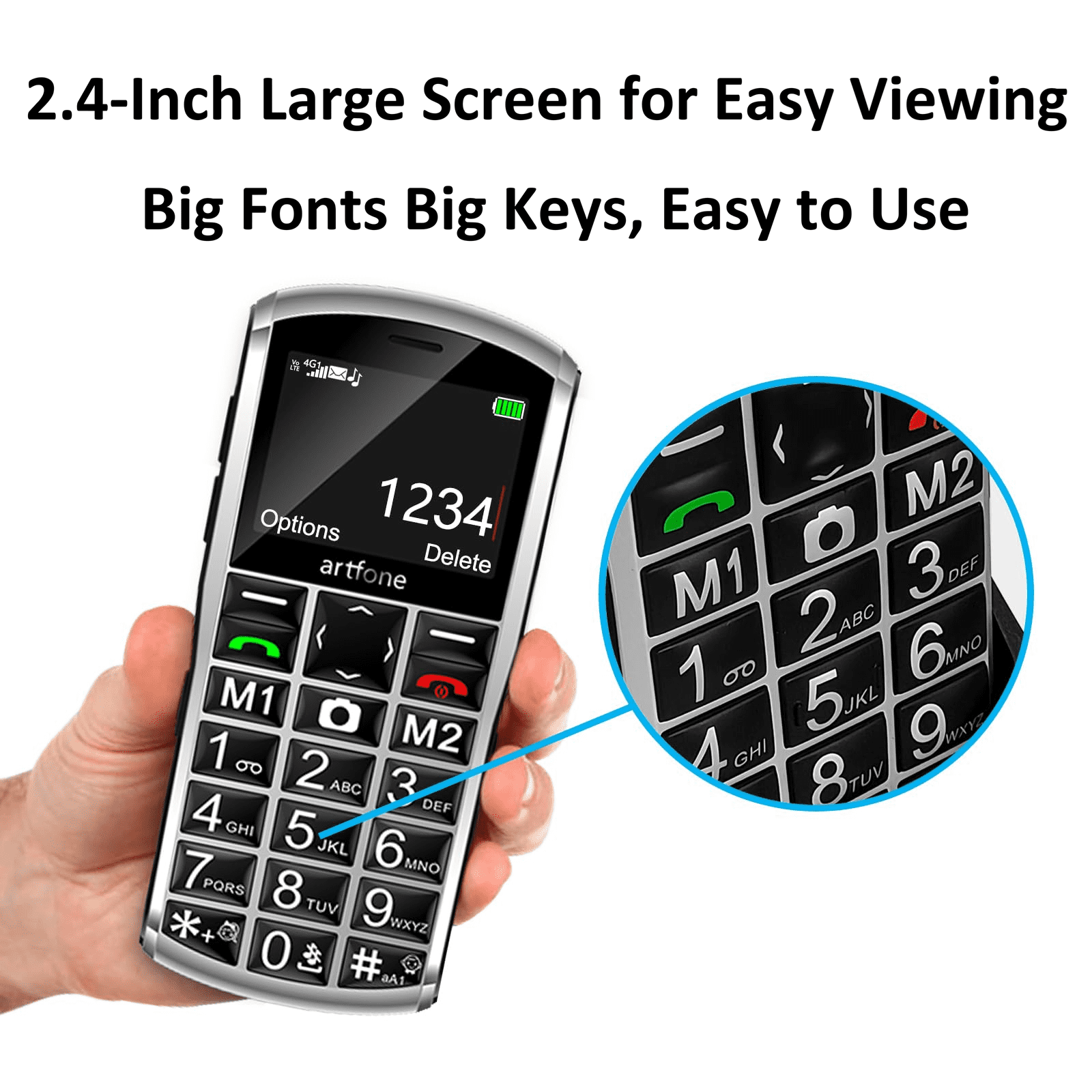 artfone A400, 4G LTE Cell Phone Unlocked (T-Mobile Unlocked), Cell Phone for Seniors, Dual SIM, Dumb Phone with Big Buttons, Camera, SOS Button, Charging Dock, Speed Dial, Senior Mobile Phone, Sliver