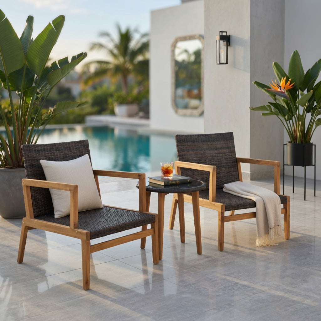 Hommoo 3-Piece Outdoor Patio Furniture Set, 2 Cushioned Rattan Chairs + Tempered Glass Side Table, PE Rattan & Polyester Cushions, Acacia Wood & Metal Frame, Brown
