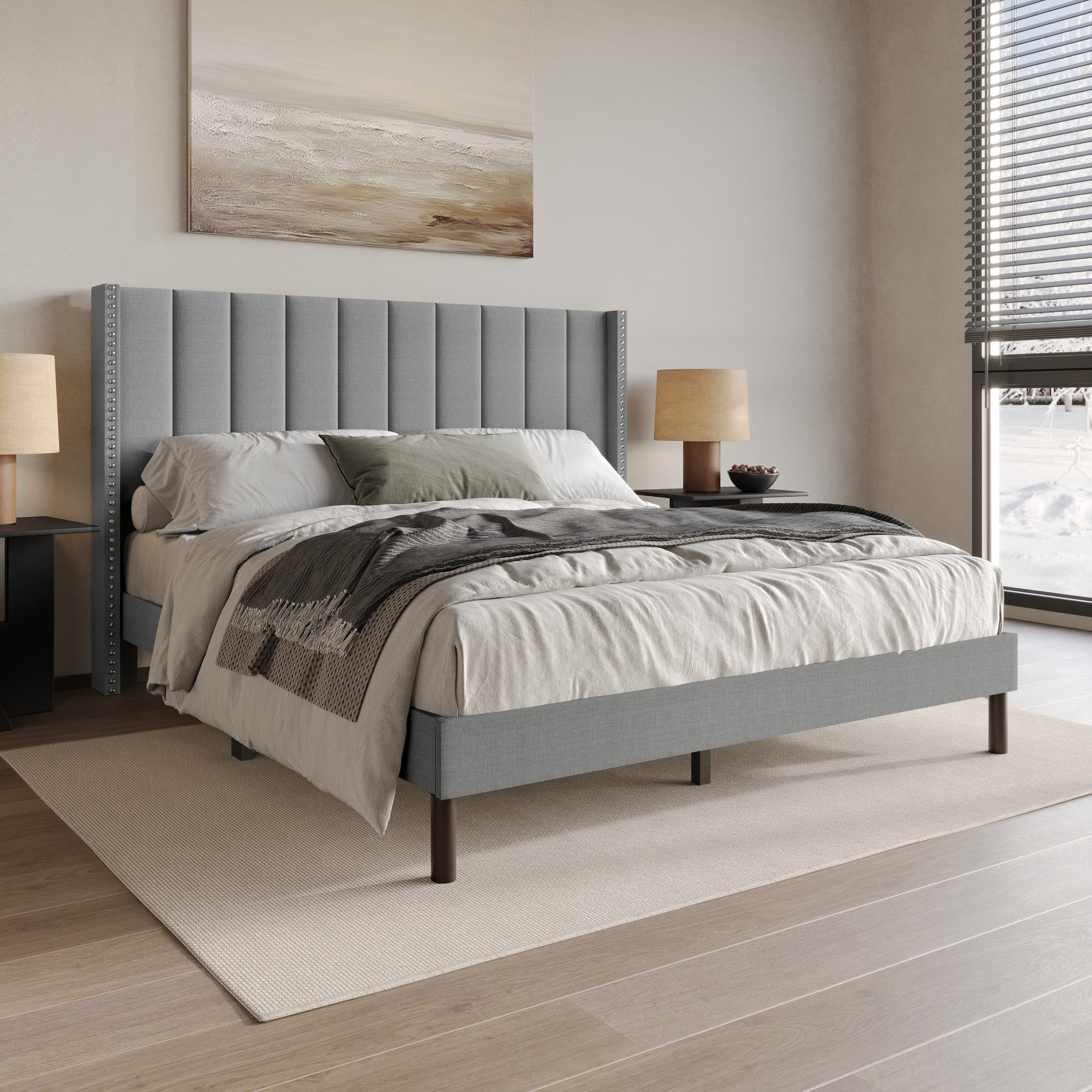 Home Design Odessa Queen Linen Upholstered Wingback Panel Bed Frame with Vertical Channel Tufting & Nailhead Trim, Gray, Easy Assembly