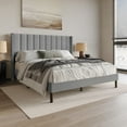 thumbnail image 2 of Home Design Odessa Twin Linen Upholstered Wingback Panel Bed Frame with Vertical Channel Tufting & Nailhead Trim, Gray, Easy Assembly, 2 of 12