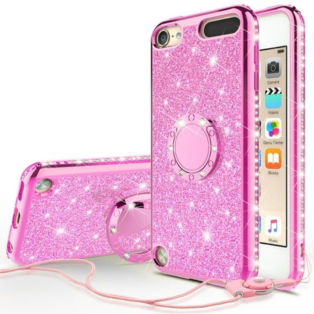 iPod Touch 6 Case,iPod 6/5 Case,Glitter Cute Phone Case Girls Kickstand,Bling Diamond Rhinestone Bumper Ring Stand Protective Pink Apple iPod Touch 5/6th Generation Case for Girl Women -Hot
