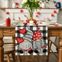 Valentine's Day Linen Table Runner 47.24×12.99inch Buffalo Plaid Hearts Gnomes Love Seasonal Holiday Festival Kitchen Dining Table Decoration For Anniversary Wedding Indoor Outdoor Home Decor