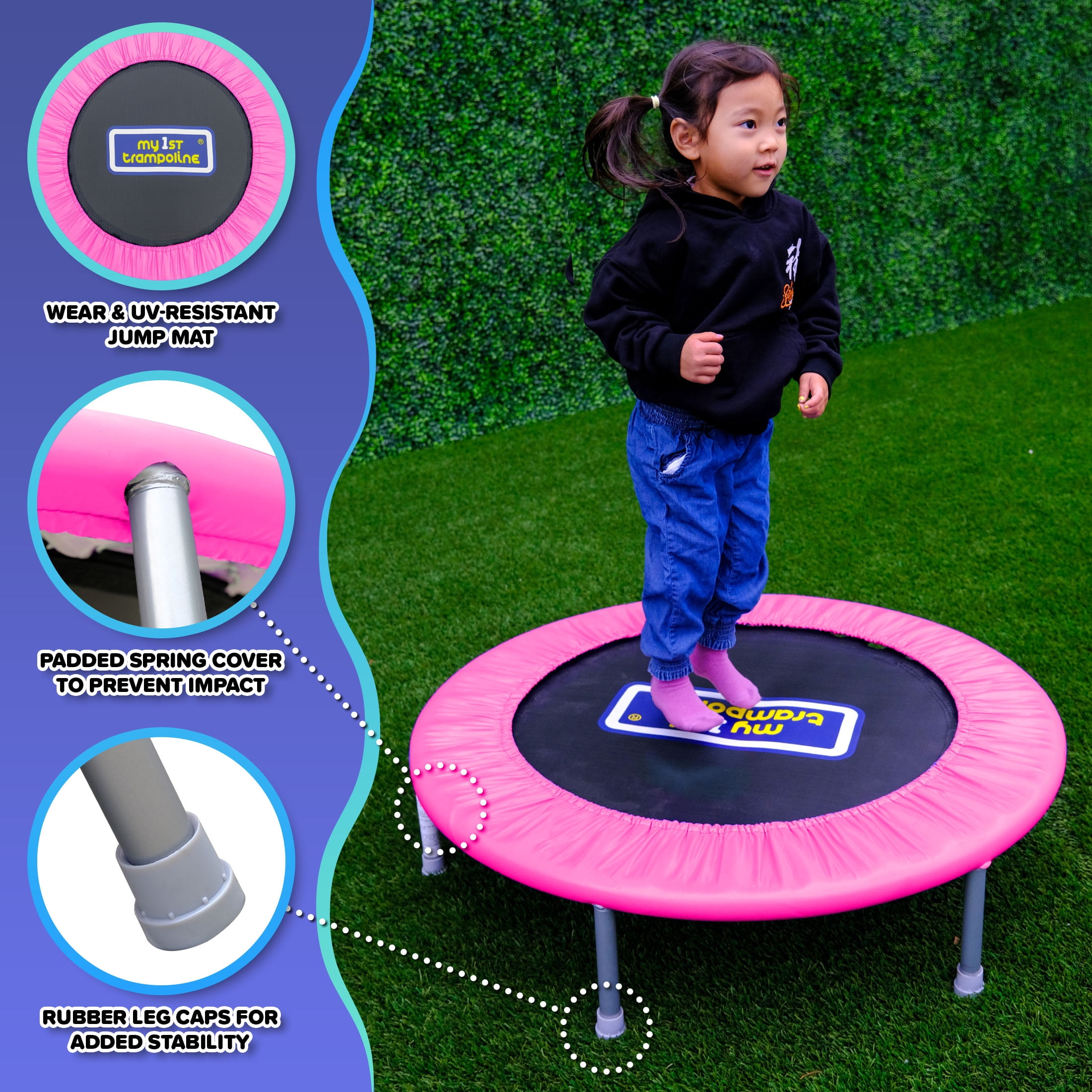 Sportspower My 1st Trampoline 36" Indoor/Outdoor Mini Rebounder Trampoline with No-Gap Padded Cover, for Toddlers & Kids Aged 3 to 10, Max Weight Capacity 220 LBS - PINK