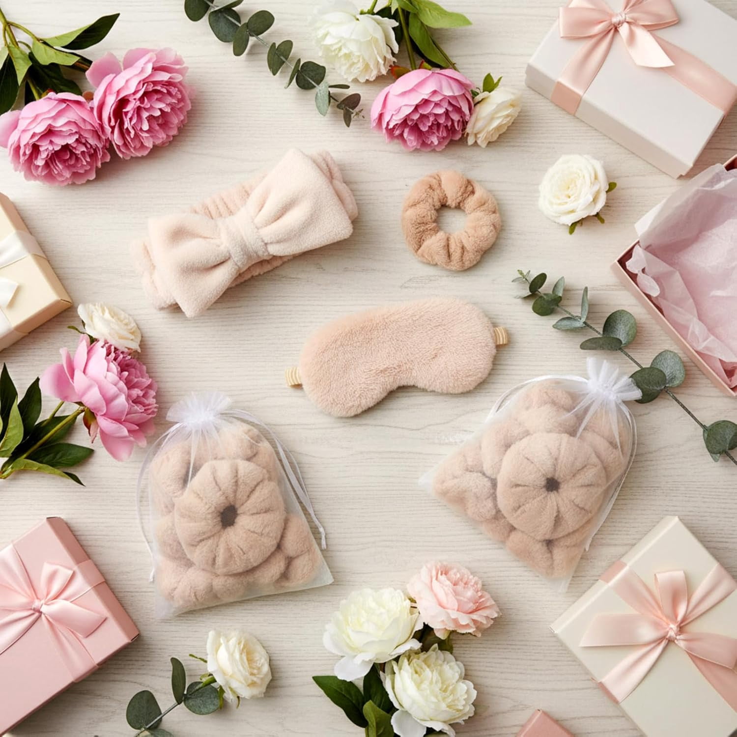 48 Pieces Spa Party Supplies 12 Spa Headband 12 Plush Sleep Eye Mask 12 Velvet Scrunchies 12 Organza Bags for Sleepover Slumber Party Favors Graduation Gift(Beige)