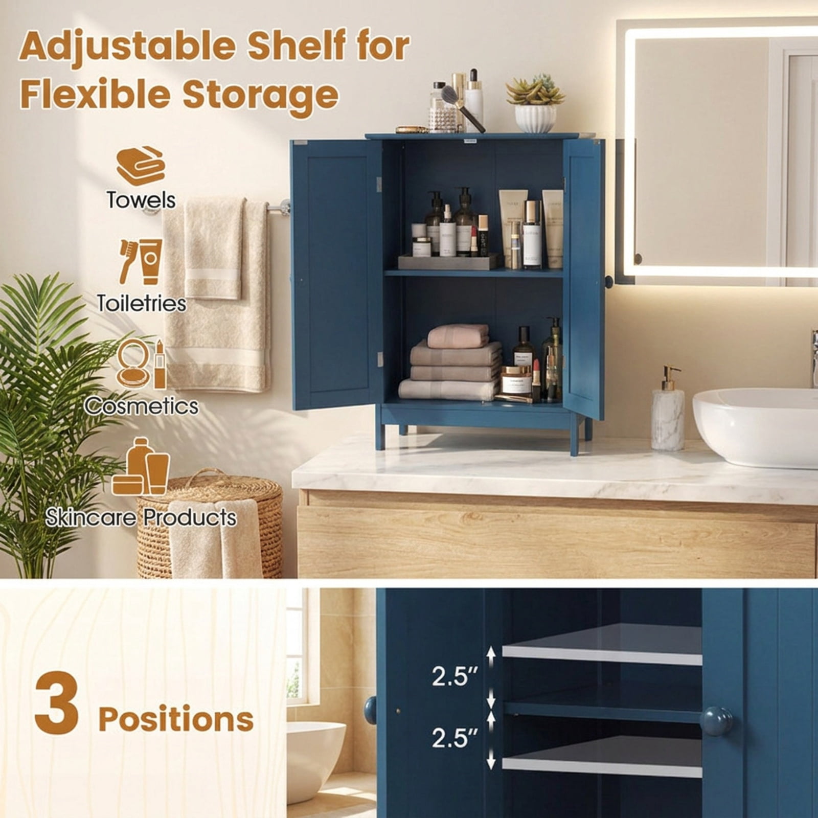 Vebreda Bathroom Storage Cabinet with 2 Doors and 3-Level Adjustable Shelf, 24 in Freestanding Storage Cabinet with Anti-Tip Kit, Blue