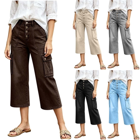 Women's High Waist Capri Denim Pants Loose Wide Leg Casual Jeans with Cargo Pockets Trendy Vintage Streetwear for Work Daily Wear Light Blue