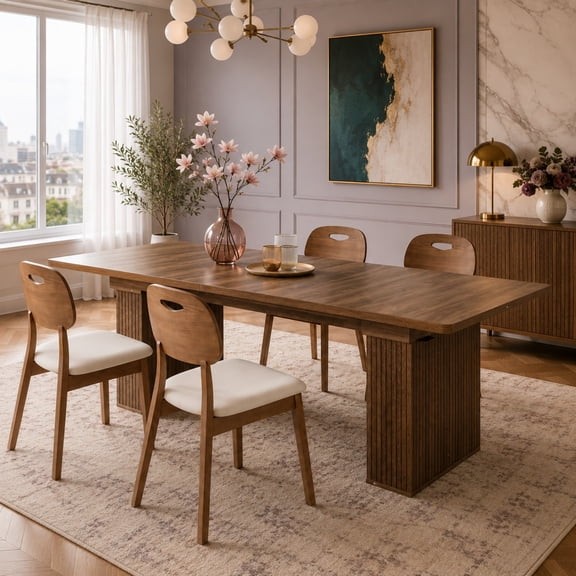Extendable Dining Table Set with 4 Solid Wood Chairs, Storage Table with PU Seats for Dining Room
