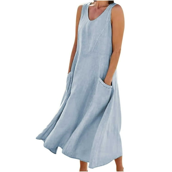 lcziwo 2024 Women Cotton Linen Sleeveless Long Dress,Maxi Dress for Women,Spring Summer Cotton Linen Boho Casual Fashion Sleeveless Dress for Holiday